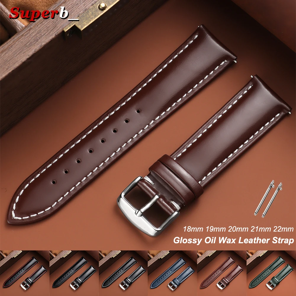 20mm 22mm Glossy Oil Wax Leather Watch Straps for Men Business Universal Quick Releases Watch Band for Samsung Watch 7/6/5/4