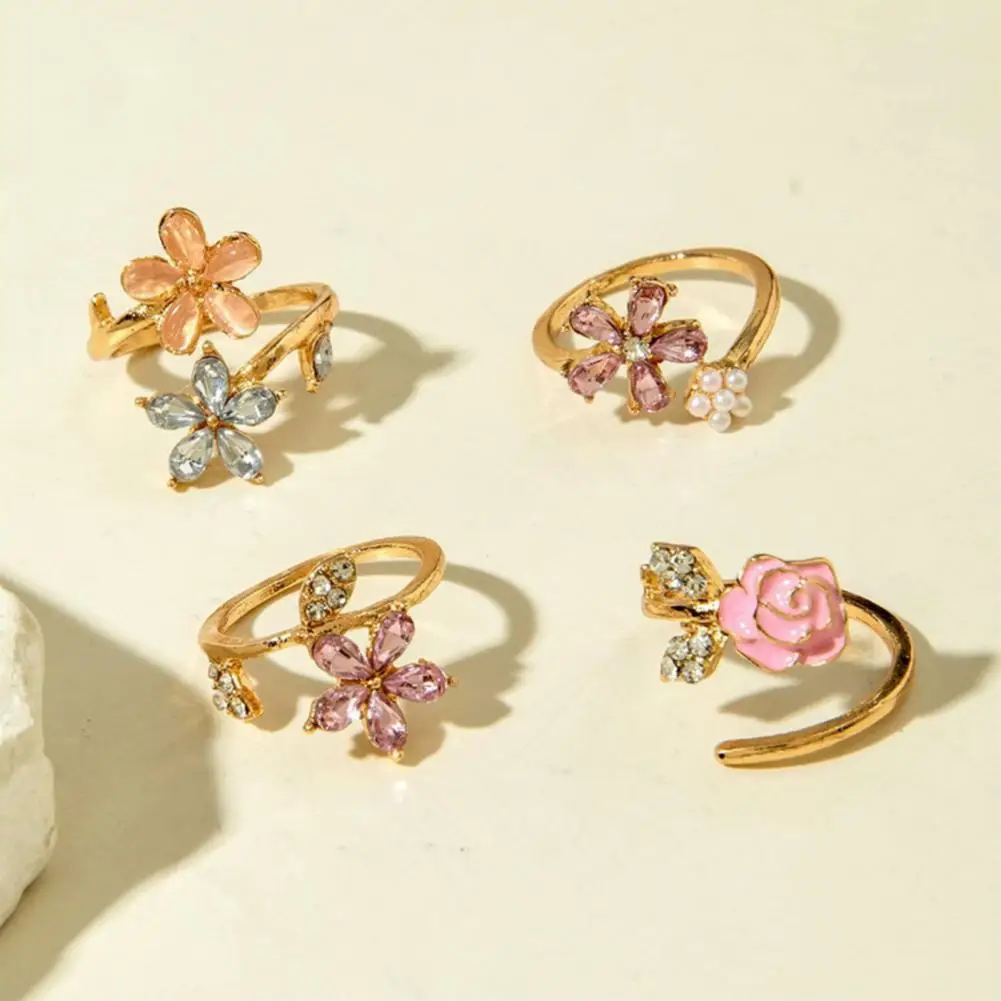4Pcs Adjustable Ring Set, Pink Flower Multi-Petal Stackable Finger Rings, Charming Multi-Piece Jewelry Gift For Her