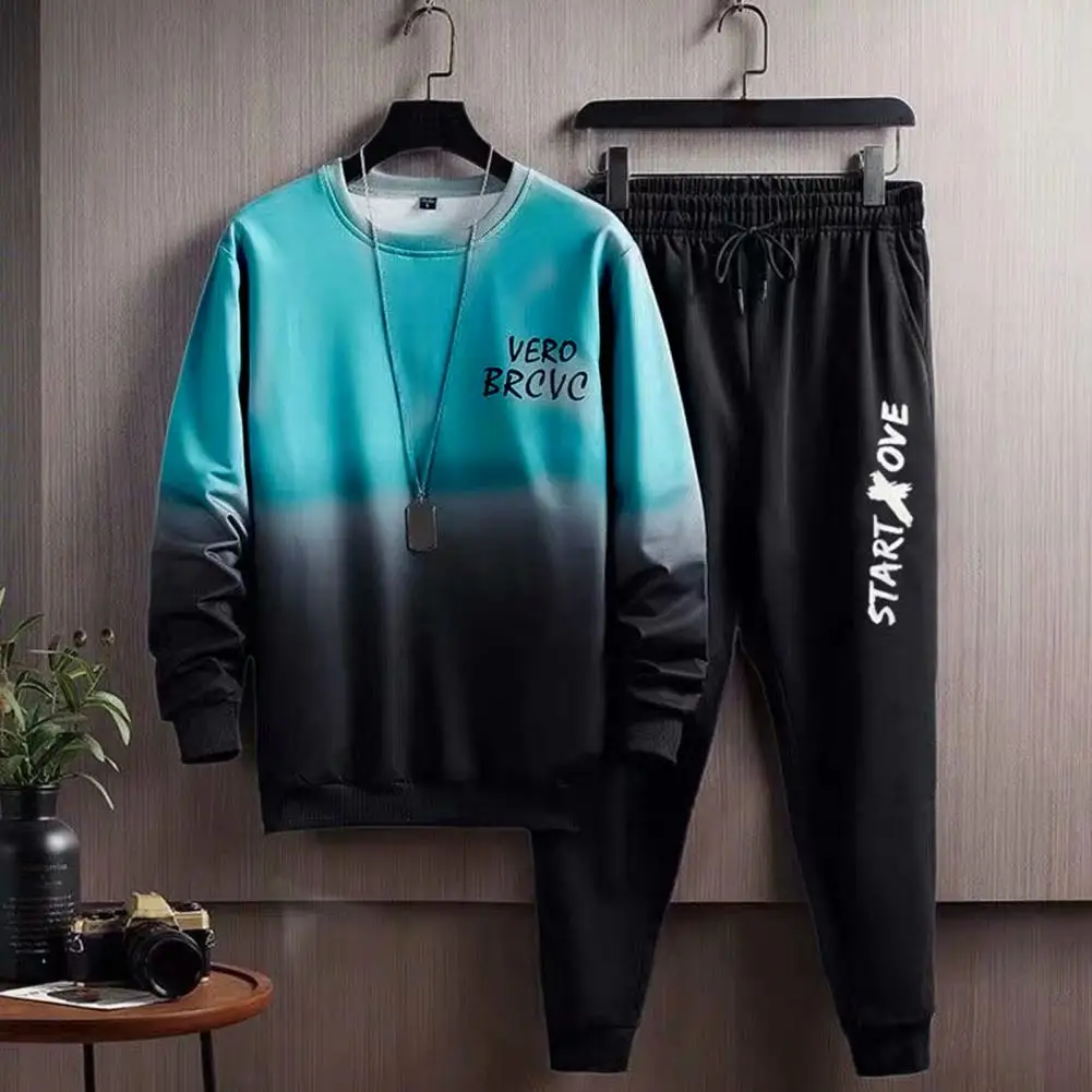 Men Casual Suit Men's Gradient Contrast Color Tracksuit Set with Long Sleeve Top Elastic Waist Pants for Fall Spring Hip Hop