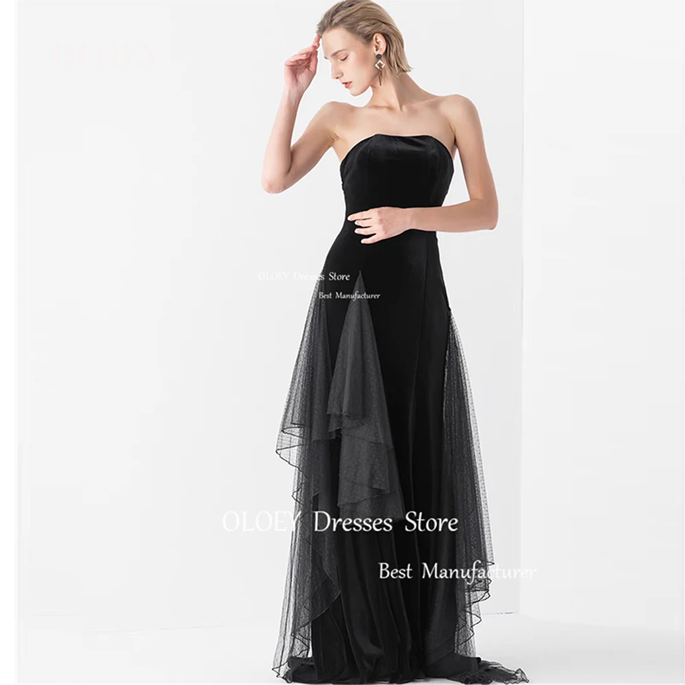 

OLOEY Elegant Strapless Black Prom Dress Velour Pleats Tulle Floor Length Performance Gown Photoshoot Zipper Back Custom Made