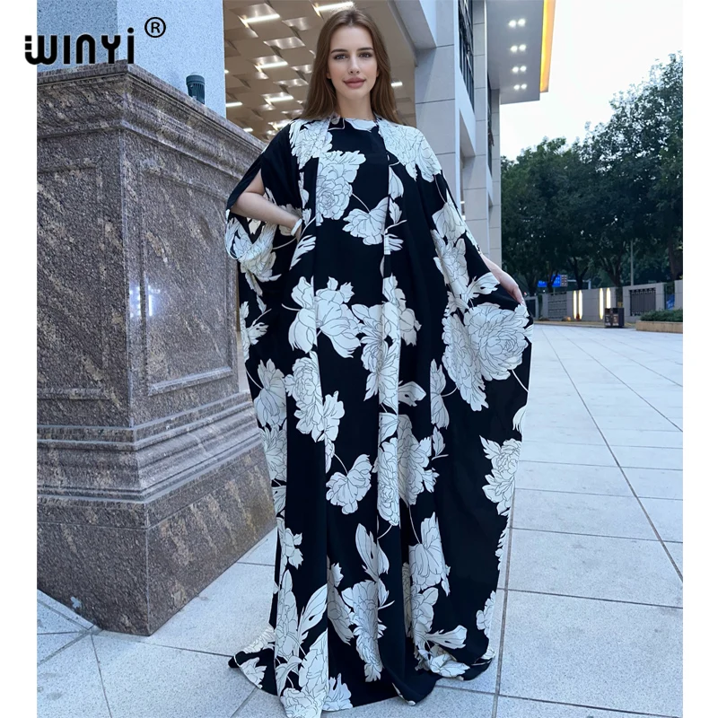 WINYI new summer cardigan beach Long dress two-piece suit for women Bohemian Print maxi Dress Women Floor Length vacation kimono