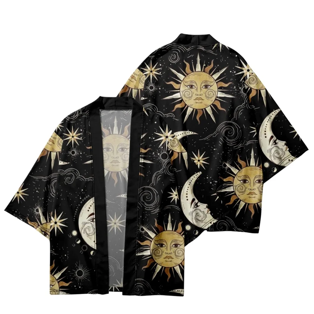 Men's Fashion Japanese Summer Kimono Sun Moon Print Traditional Cardigan Kimono Holiday Casual Short-sleeved Beach Shirt
