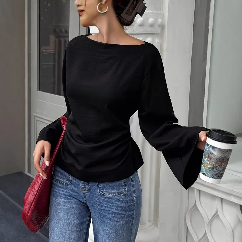 

Lemongor Women's Boat Neck Tied Waist Black Tops Flared Sleeves Solid Color Fashion Casual Going Out T-Shirts