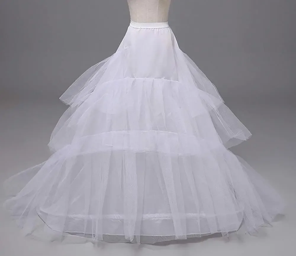 

White Black Long Train Petticoat for Tail Wedding Party Dresses Crinoline 3 Hoops Underskirt