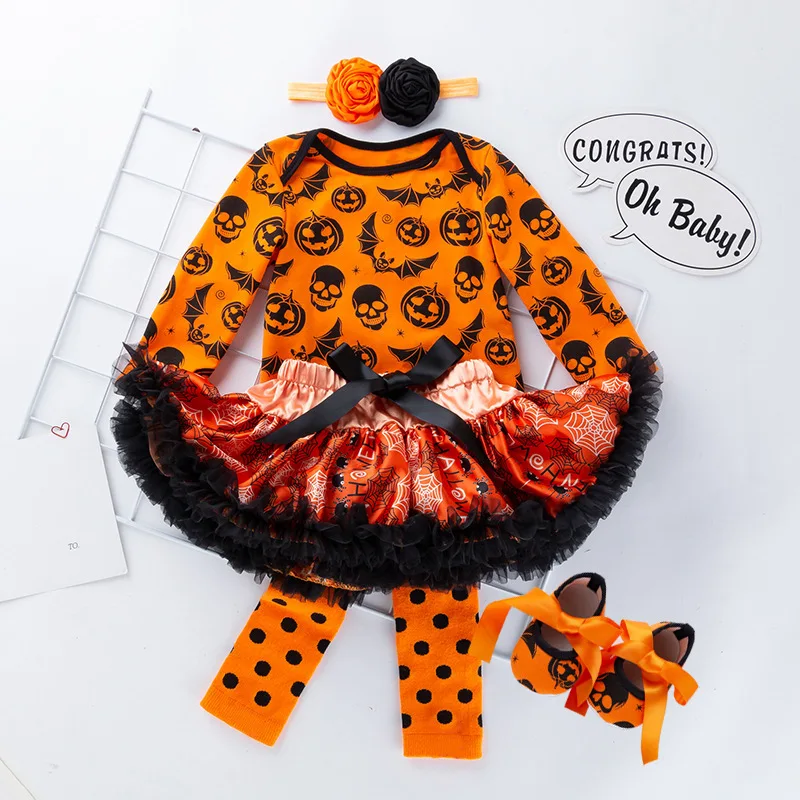 

Halloween Baby Party Outfit5One-piece dress cartoon pumpkin long-sleeve romper princess dress shoes socks holiday set