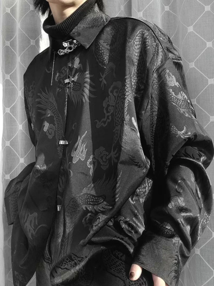 

New Chinese Sle Long Sve Men's irt Embroidered Dragon Pattern Silk Lustrous Iron Free Metal Button Formal Bla Tang Suit
