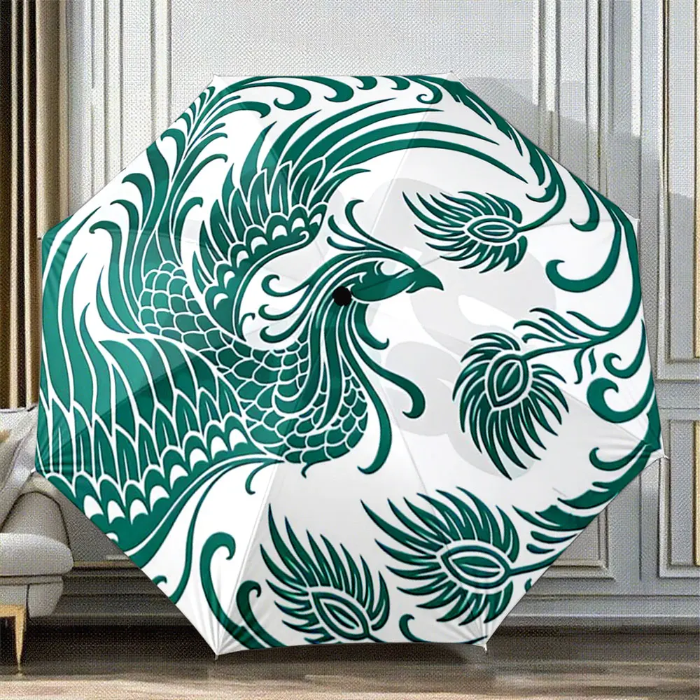 Elegant Green Phoenix with Feathers Pattern Umbrella Design ,Portable Folding Umbrella, Gift for Family Friends