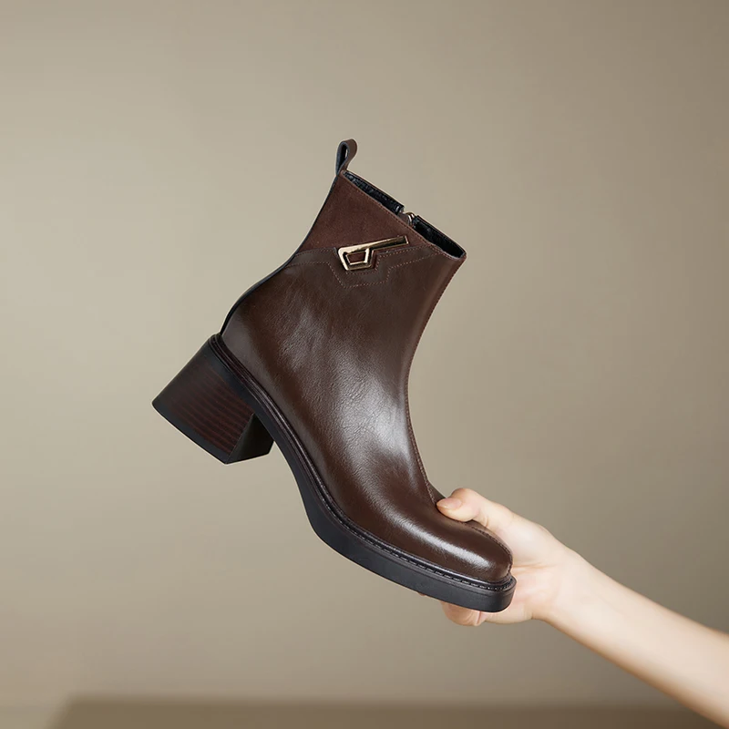 2026 new winter women ankle boots natural leather plus size 22-26cm cowhide square toe thick heel side zip retro short boots