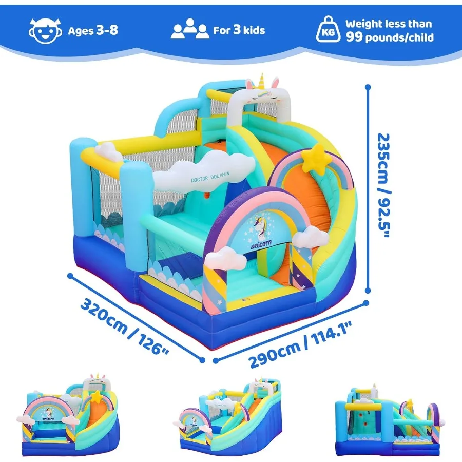 منزل ترتد قابل للنفخ، منزل يونيكورن مع منزلق، منزل نطاط قابل للنفخ مع حفر كروية، حارس القفز للأطفال من سن 4 إلى 8 سنوات،