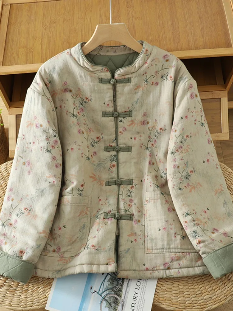 

Thiened Handmade Print Cotton Linen Women's Jaet Winter Warm Coat Chinese Sle Modified Cotton Clothes Long Sve Stand...