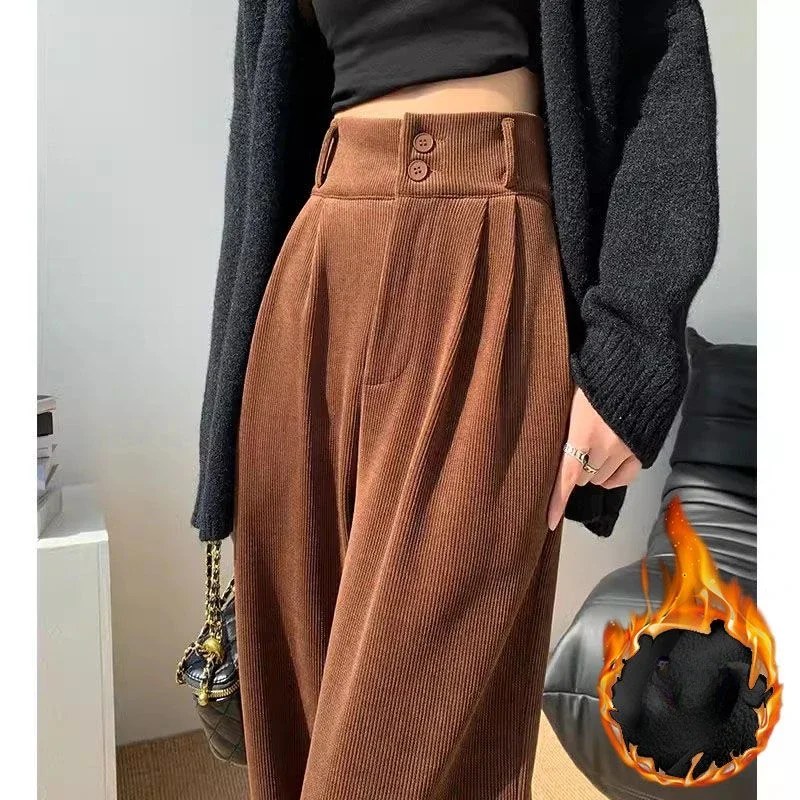 

High Waist Corduroy Pants for Women, Soft Fleece-lined Brown Wide-Leg Pants Korean Style Baggy Trousers Women Plus Size S-4XL