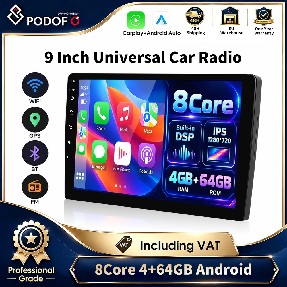 Podofo Autoradio Android 4+64GB 9'' Schermo Touch IPS HD 8 Core Qualcomm 4GB+64GB Navigazione GPS WiFi Bluetooth DSP FM USB Lettore Multimediale CarPlay Wireless Android Auto