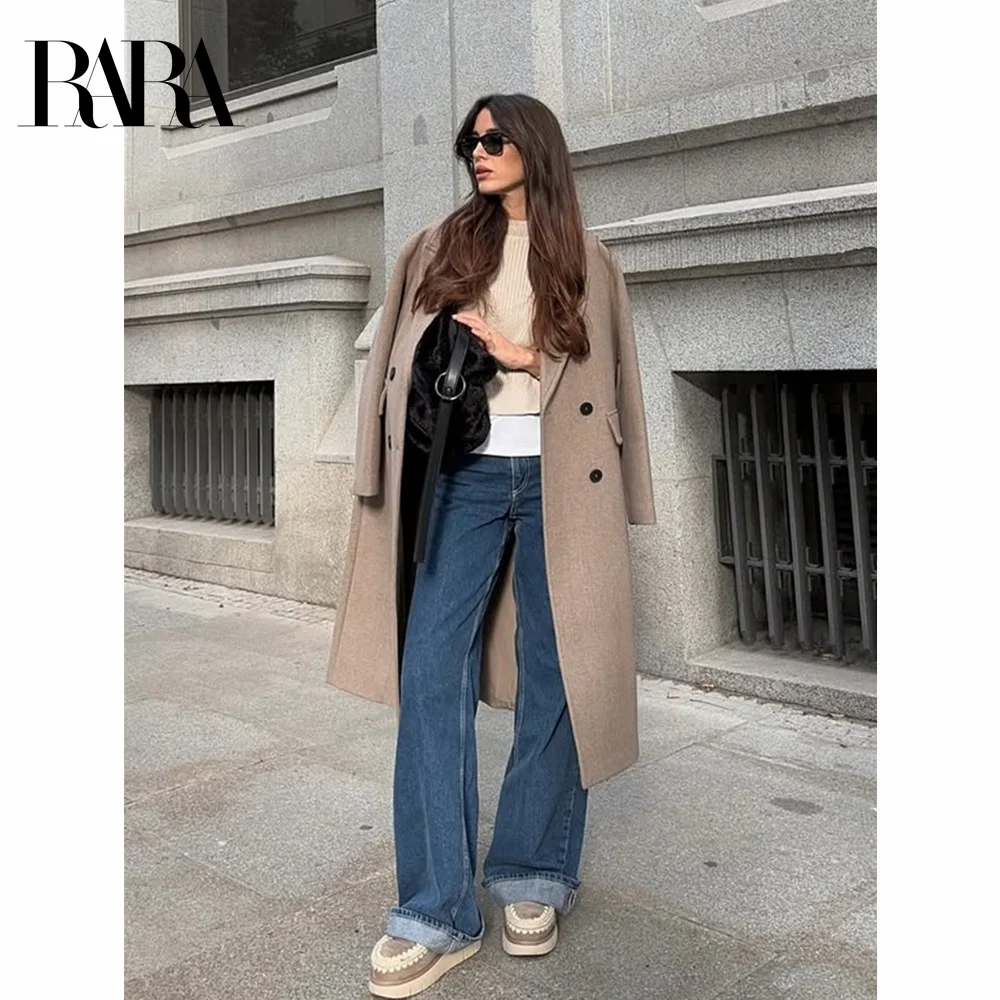 

2024 RARA women's winter new style lapel long sleeve double-breasted pocket trim straight loose woolen coat jacket