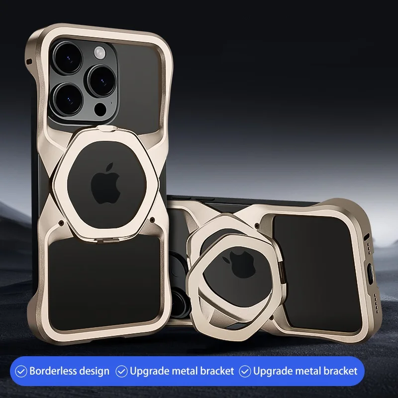 

Metal Bumper Phone Case for iPhone 16, 14, 15 Pro Max, 16 ,15 , 14 Pro , Magnetic Stand, Aluminum Alloy, Removable Hollow Cover