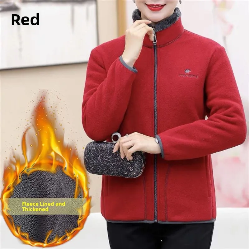 Mom's Fce Lined Loose Hoodie Jaet Autumn Winter Stand Collar Warm Thiened Zipper Closure  Color Versatile Sli...