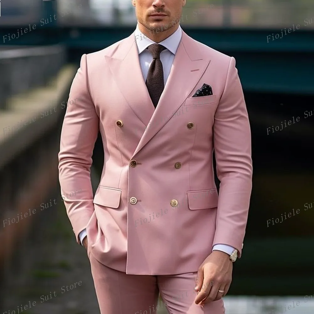 

New Style Pink Men Business Prom Formal Occasion Suit Groom Groomsman Wedding Party Male Tuxedos 2 Piece Set Blazer Pants