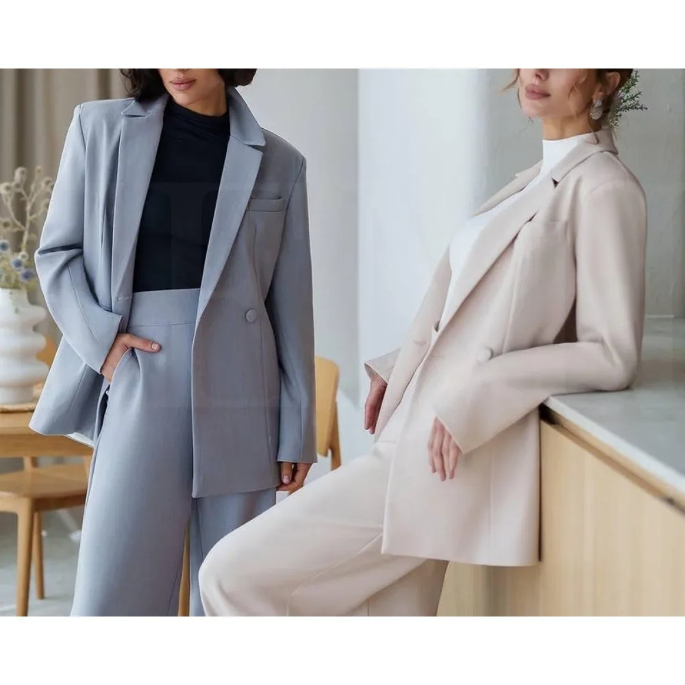 Terno de calça blazer cinza para mulheres, roupa de escritório elegante, roupa de duas peças de ajuste solto