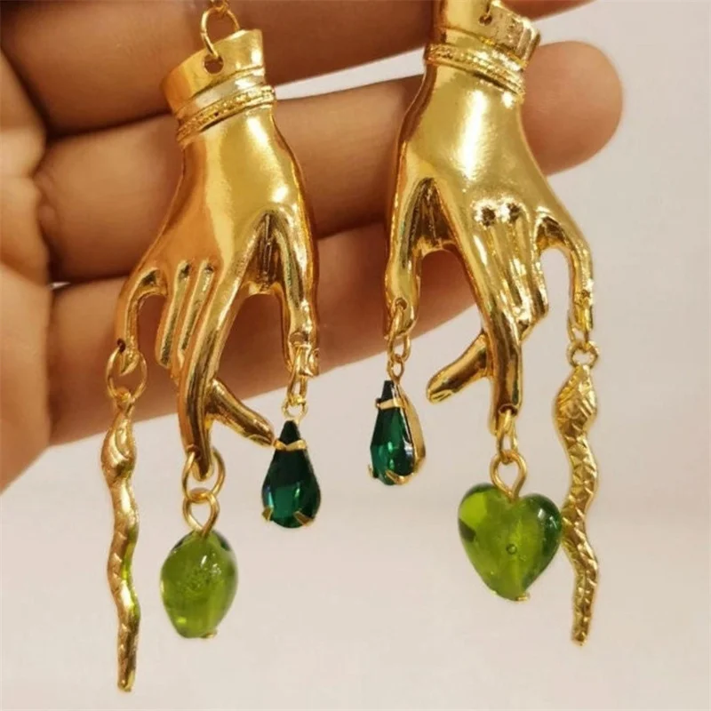 2024 Golden Color Palm Green Crystal Pendant Shaped Earrings For Women Vintage Alloy Jewelry Gifts