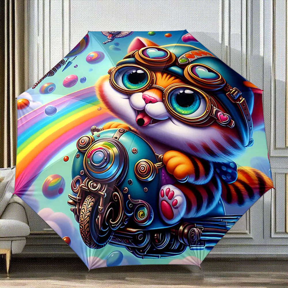 Cute Steampunk Cat Flying Art Print, Portable Folding Umbrella, Gift for Family Friends