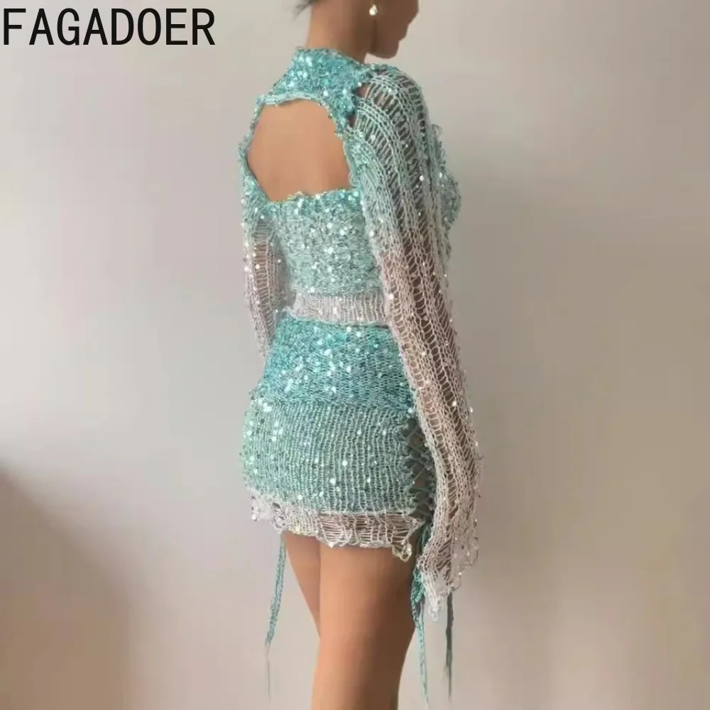 FAGADOER Sexy Sequins Hollow 3 Piece Sets Outfit Women Lace Up Crop Tops And Mini Skirts Suits Female Nightclub Party Clothing