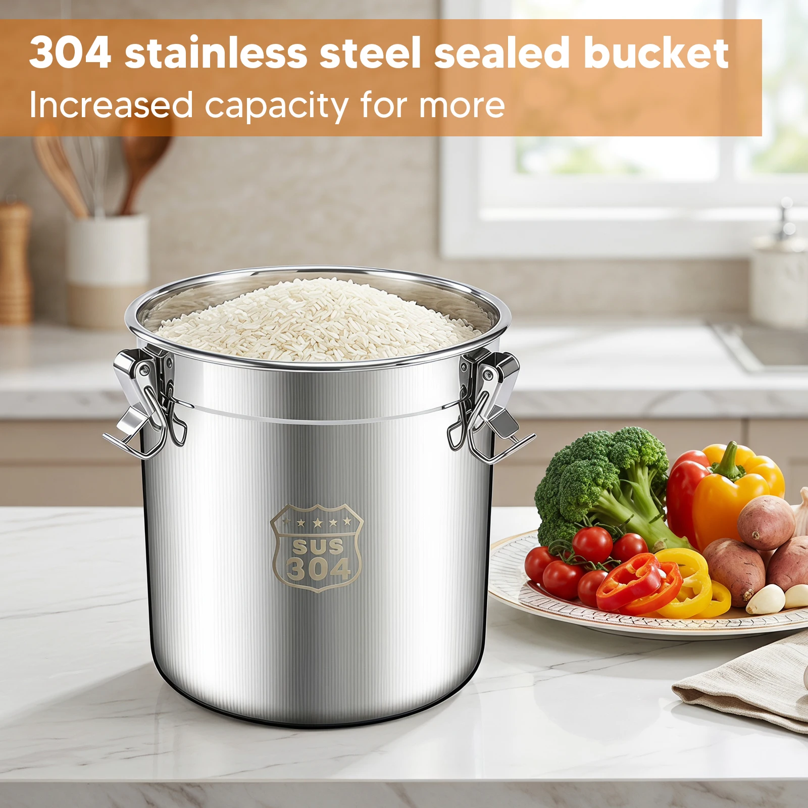 6/12/21/33L 304 Stainless Steel Airtight Canister with Seal Lid Food Oil Sugar Milk Storage Bucket with Handles for Home Kitchen
