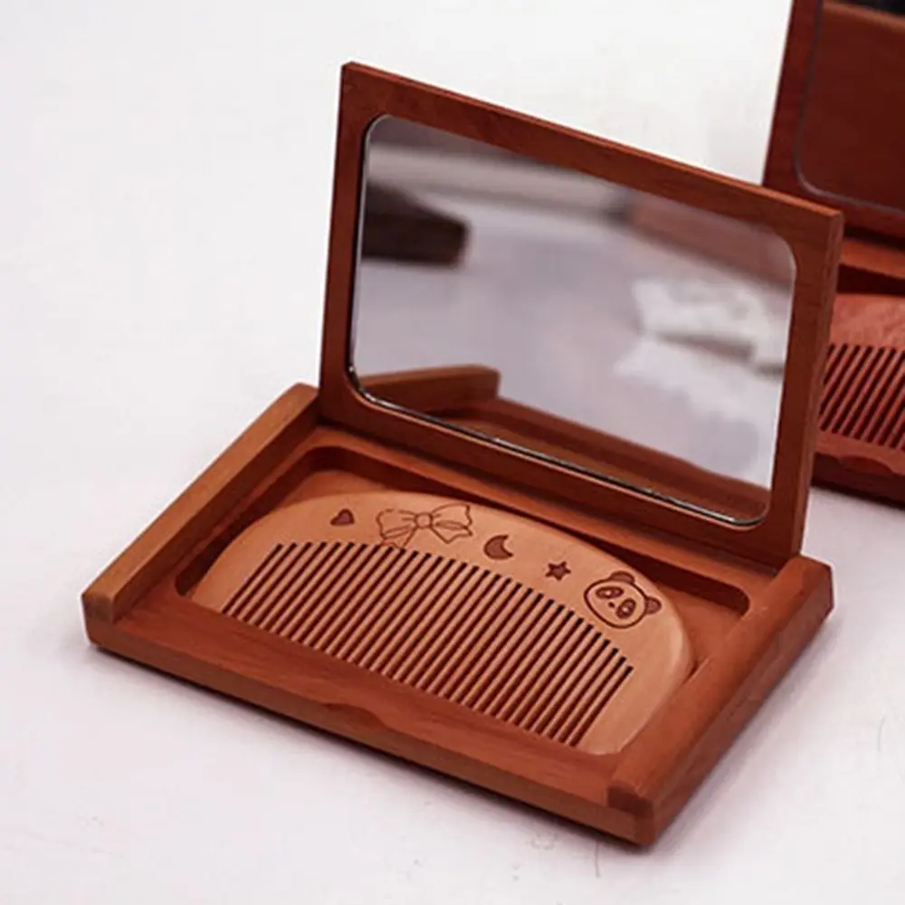 Dayanıklı 2'si 1 Arada Ahşap Tarak Ayna Seti Mini Vintage Makyaj Aynası Şeftali Ağacı Oyma Tasarım Katlanabilir Cep Aynası Kız Bayan