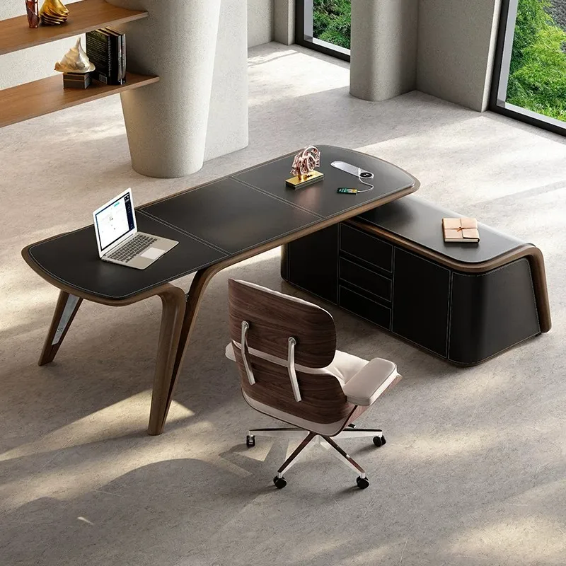 YJQ high-end light luxury saddle leather desk villa large household study solid wood president desk
