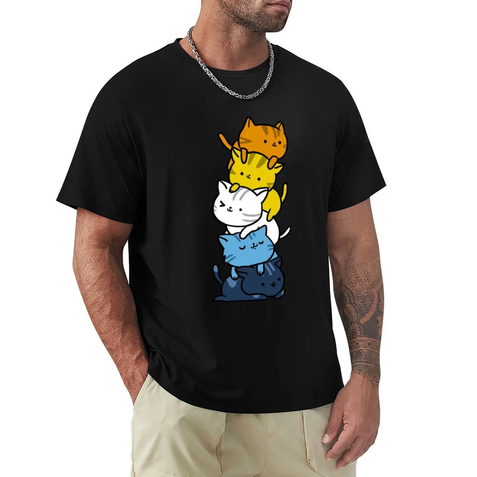 Kawaii Cat Pile Aroace Pride Flag T-Shirt Classic Graphic Short Sleeve Top