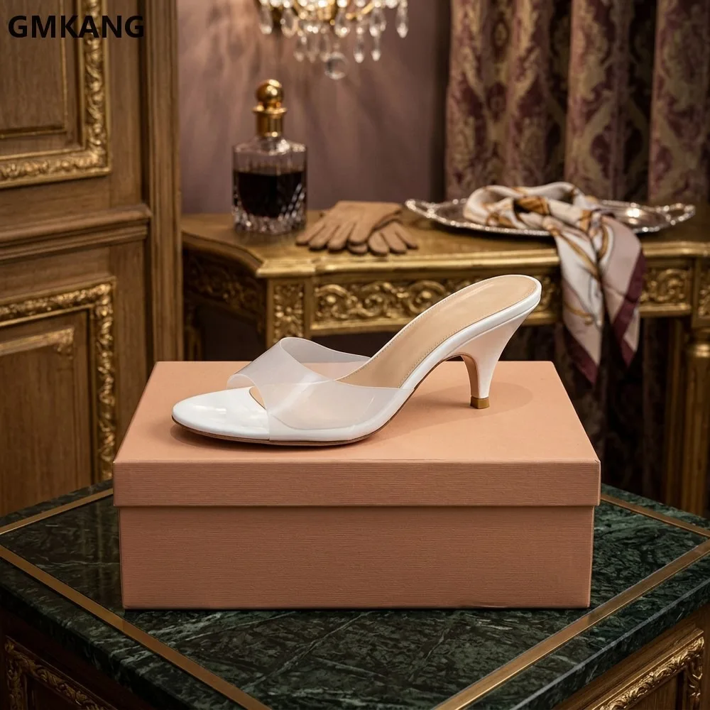 GMKANG Women's Peep Toe High Heel Slippers Clear PVC One Strap Slip-on Sandals Summer Outdoor Party Dress Shoes