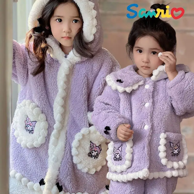 

Sanrios Kuromi Children Pajamas Nightgown Coral Fleece Anime Figure Winter Sleepwear Loungewear Thicken Hot Suit Kawaii Cartoon