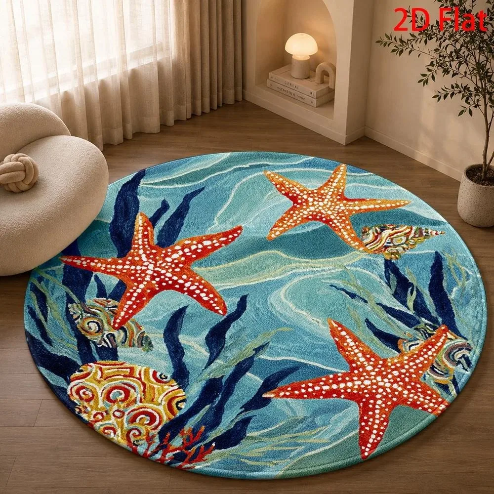 Fresh Teal Blue Colorful Starfish Ocean Round Area Rug Non Slip Floor Mat For Coastal Beach Theme Living Room Decor Gift