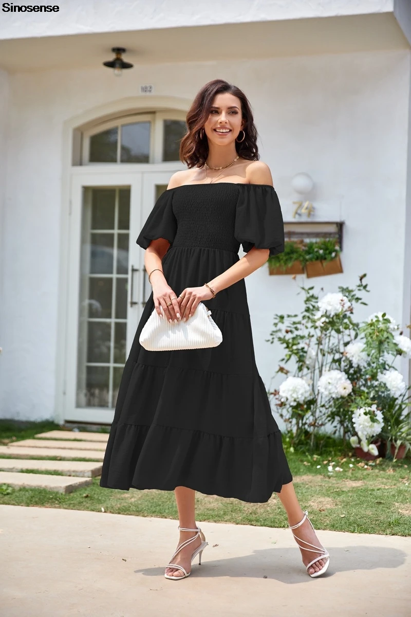 Women Summer Wedding Guest Coctail Party Dress Casual Flowy Beach Square Neck Puff Short Sleeve Smocked Tiered Boho Maxi Dress