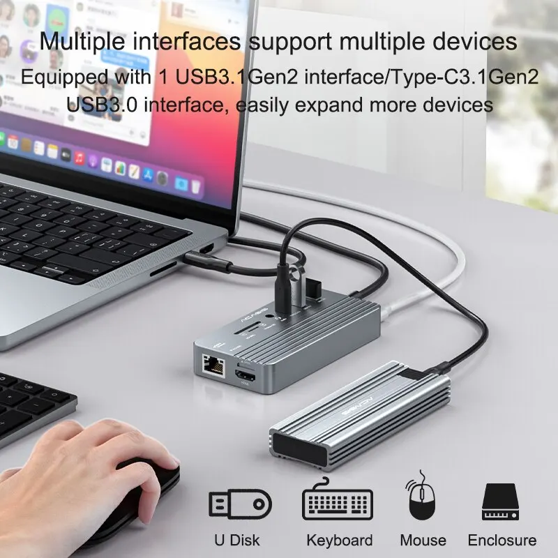 Estación de acoplamiento 10 en 1, concentrador USB tipo C 3,1 a HDMI, Lan RJ45 Compatible con carcasa M.2 NVME SATA para Mac Pro 4K Splitter