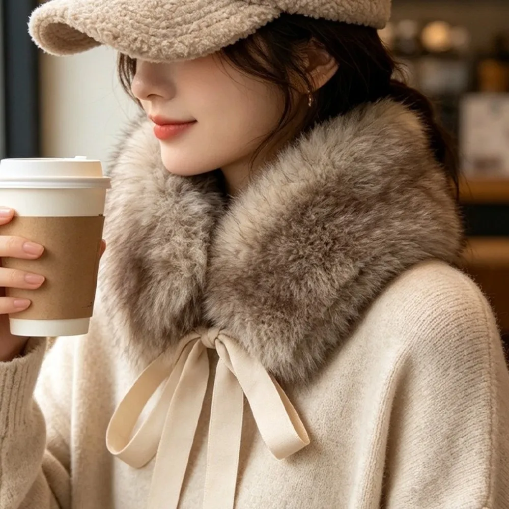 Fashion Thicken Fur Collar Scarf Solid Color with Ribbons Women Scarves Keep Warm Neck Warmer Scarf Winter