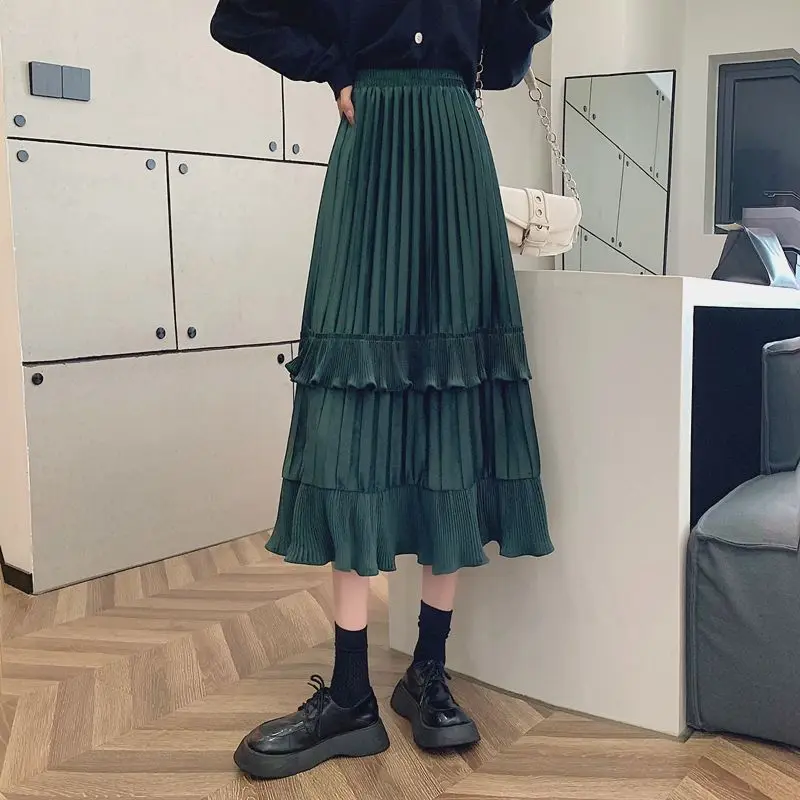 Autumn Winter Women Casual Retro Corduroy Cake Midi Skirts Layered Skirts Solid Color Fashion Korean Style Pleated A-line Skirt