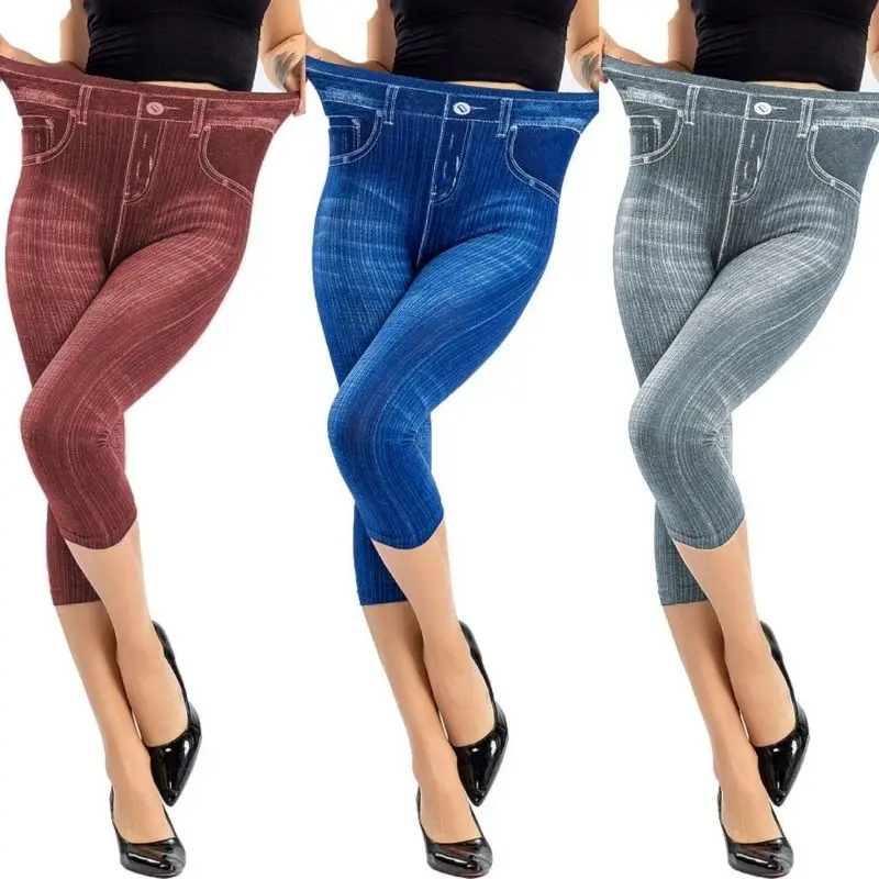 3/4 Faux Jeans Leggings Women Summer Capri Pant Jeggings Slimming S-XXXL Soft Denim High Waist Short Fashion Thin Casual Trouser