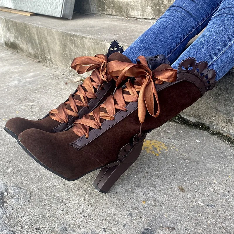 

New High Heel Women Boots Steampunk Woman Sexy Faux Suede Boots Autumn Vintage Winter Shoes Ladies Lace Up Cosplay Boots