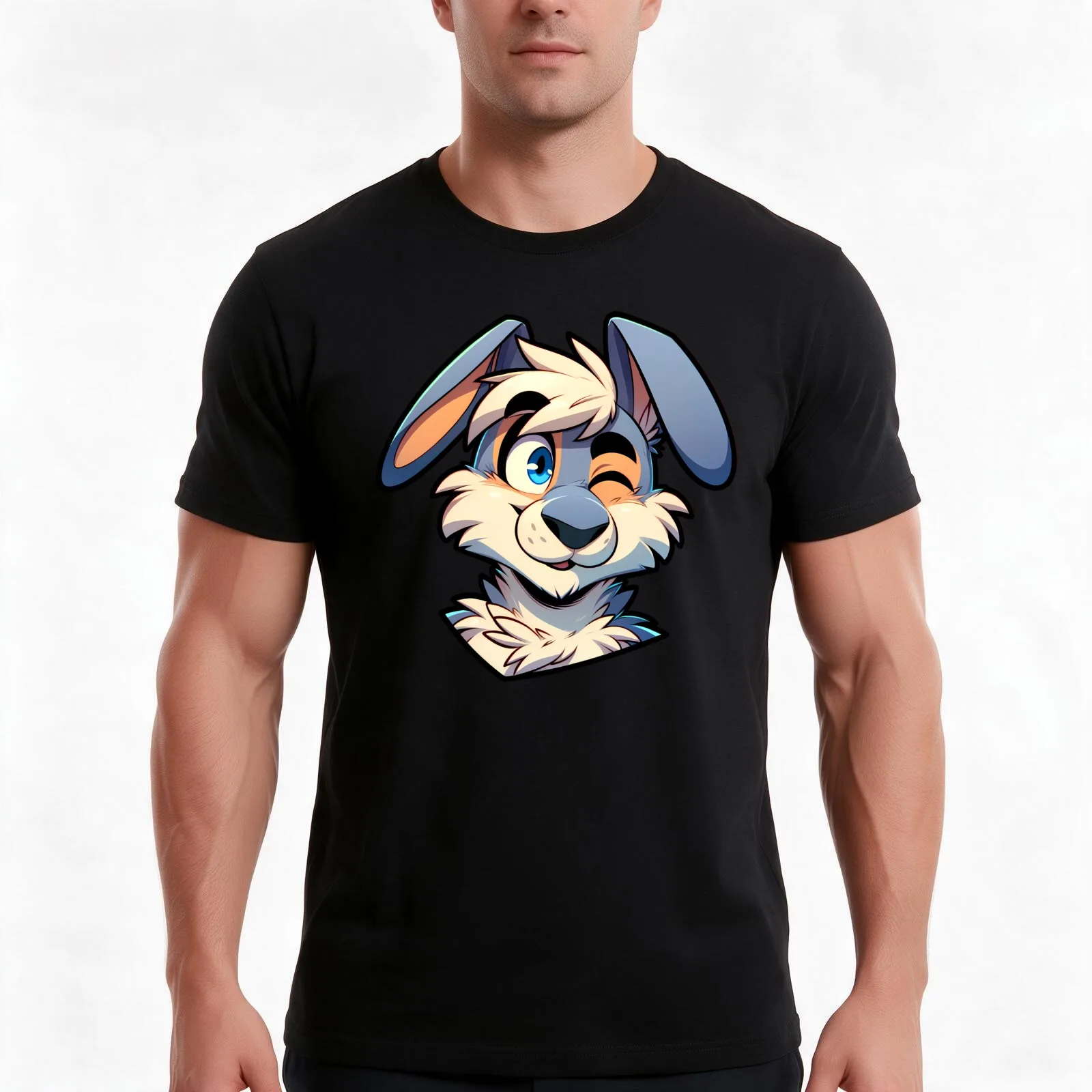 Cute Winking Anthro Furry Rabbit Art T-Shirt, Summer Casual Cotton Tee, Oversized Streetwear Tops, Vintage Graphic Print