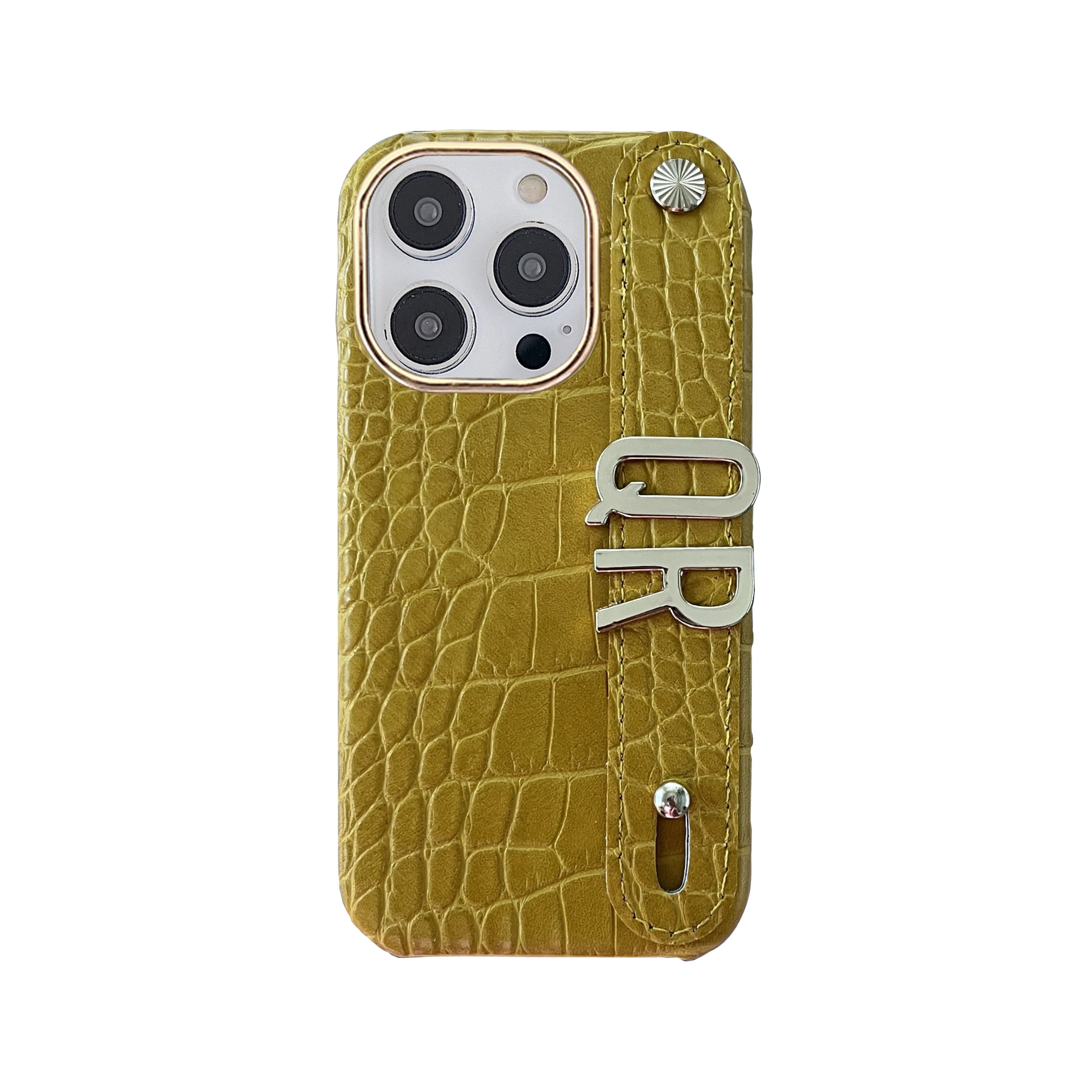 Haltegurt, personalisierbar, individueller Name, goldene Metallbuchstaben, Leder-Handyhülle für iPhone 14, 13, 12, 17, Pro Max, 16 Pro Max