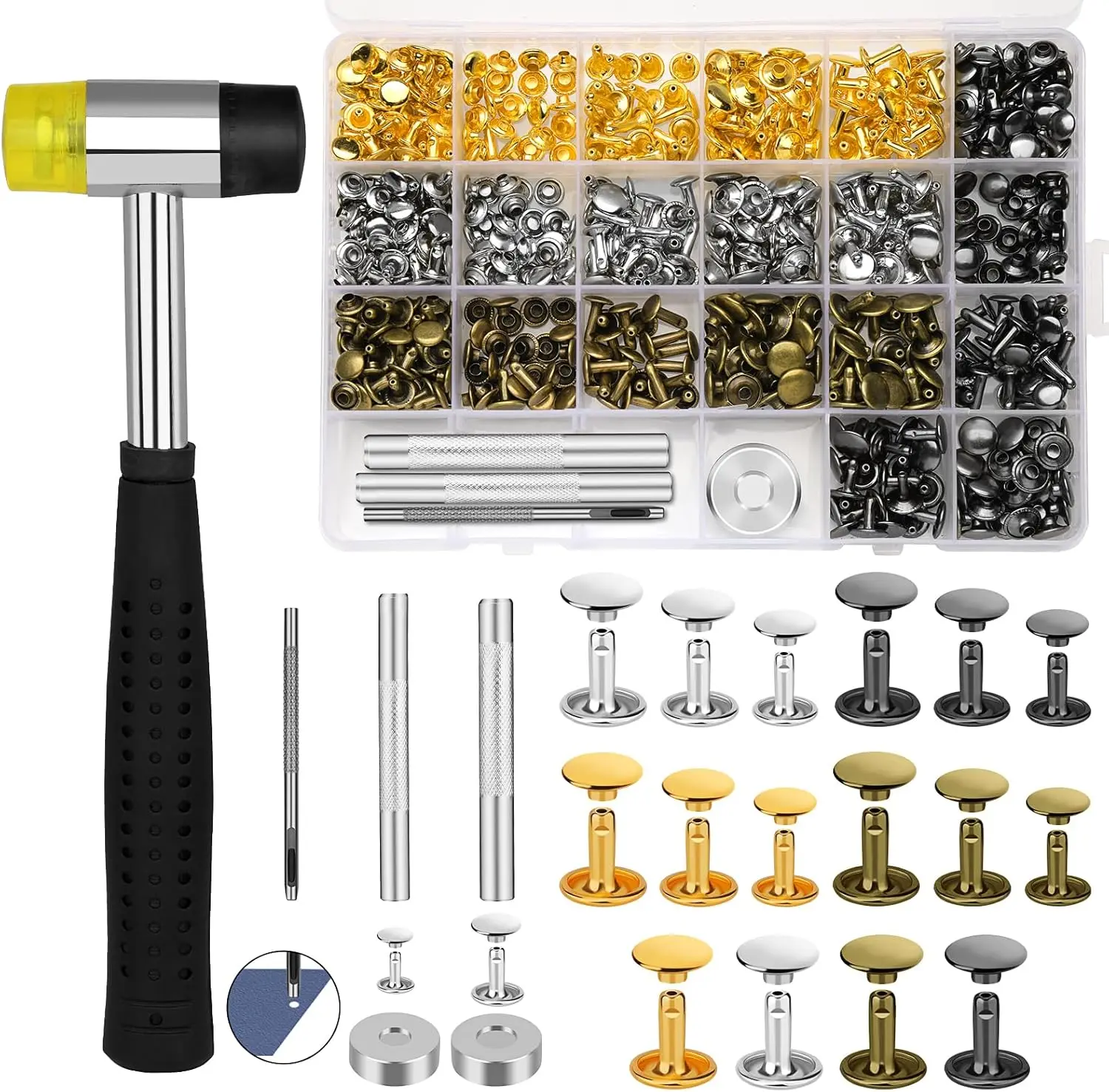 

240 Sets Double Cap Rivets for Leather, 3 Sizes, 4 Colors with Rubber Hammer & Tools for DIY Craft Repair