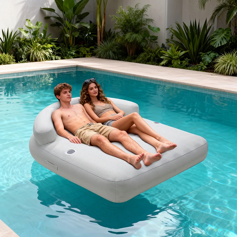 Sillón Flotante Inflable Moderno para 2 Personas, Sofá Cama Acuático con Cubierta de Tela Desmontable, Tumbona Inflable para Piscina