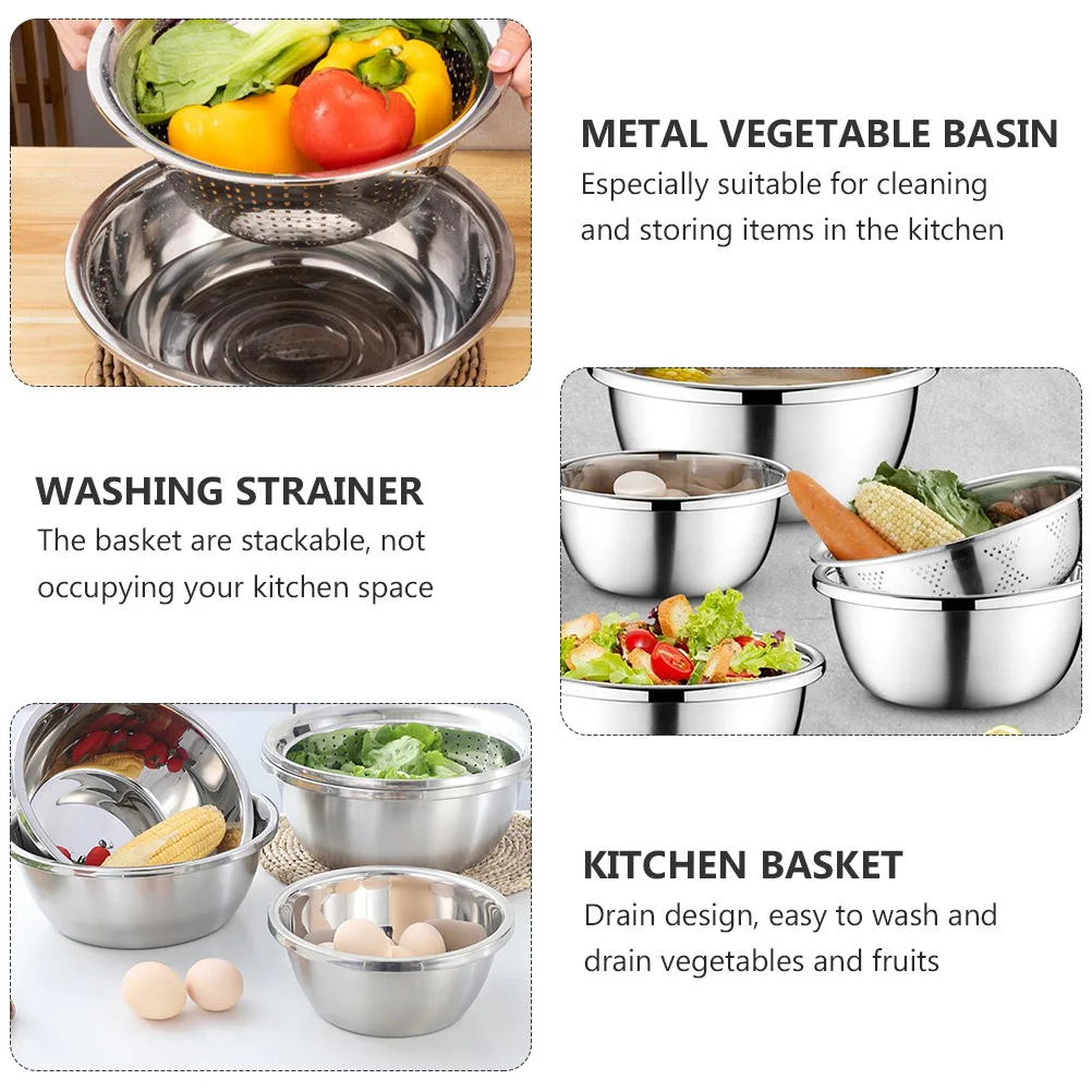 

5Pcs Stainless Steel Vegetable Washing Baskets Metal Rice Strainers Kitchen Fruit Draining Bowls Stackable Kitchen Storage