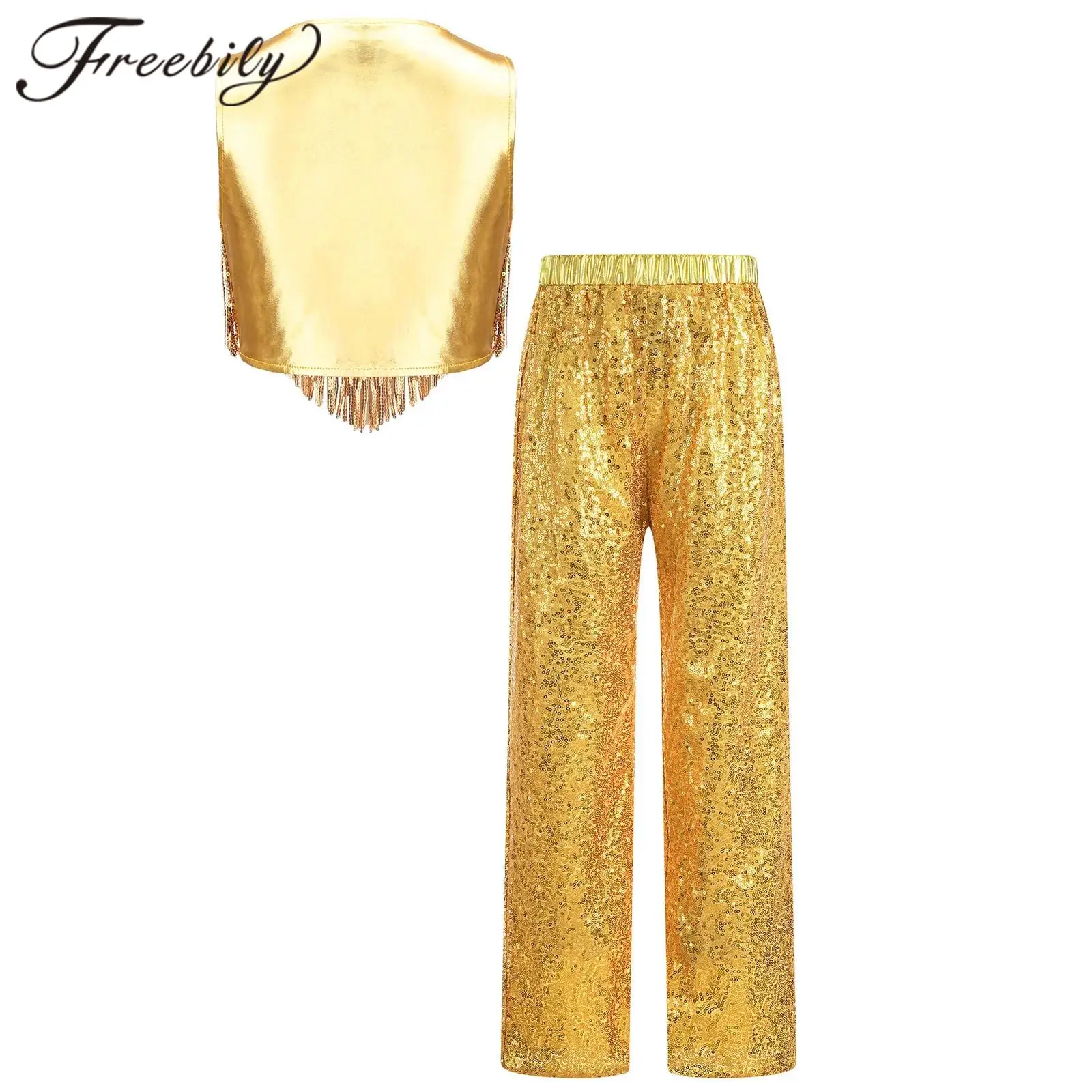 

Girls Sequined Jazz Dance Costume Fashion Dancewear Streetwear Kids Hippie Disco Outfit Cowgirl Costume Children Clothes Sets