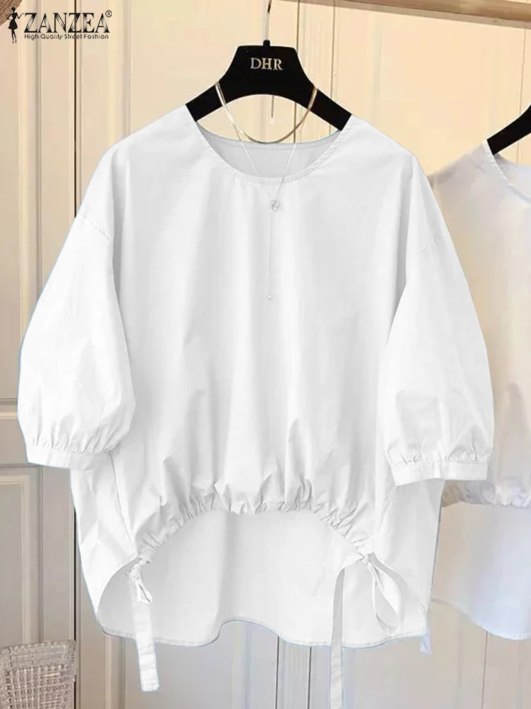 ZANZEA Women's High-Low White Blouses 2025 Autumn O-Neck 3/4 Lantern Sleeve Drawstring Hem Solid Color Tops Street Fashion 3XL