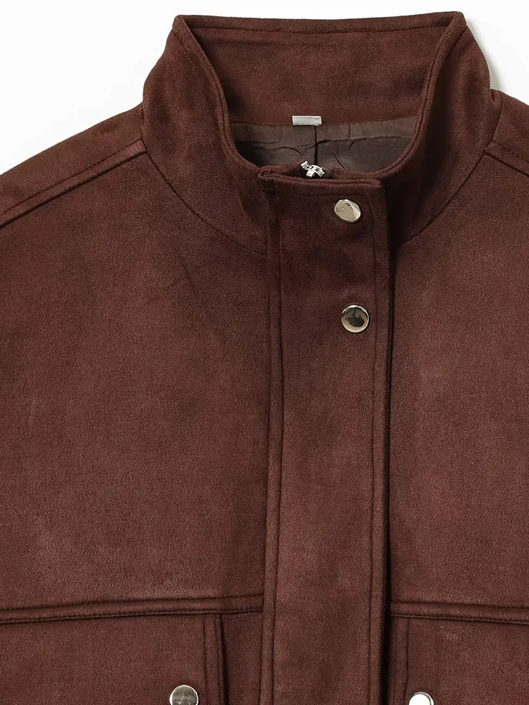 سترات نسائية كلاسيكية لخريف 2025 بجيوب كبيرة من جلد الغزال وياقة واقفة وأكمام طويلة معاطف نسائية كبيرة الحجم ملابس خروج للسيدات #3