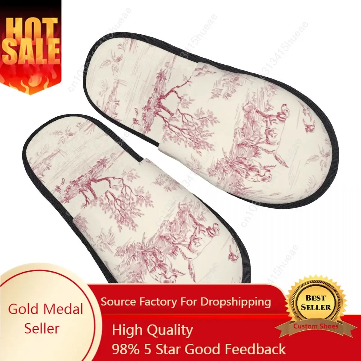 

Toile De Jouy Red Guest Slippers for Bedroom Women Custom Print Cream Vintage Parisian House Slipper