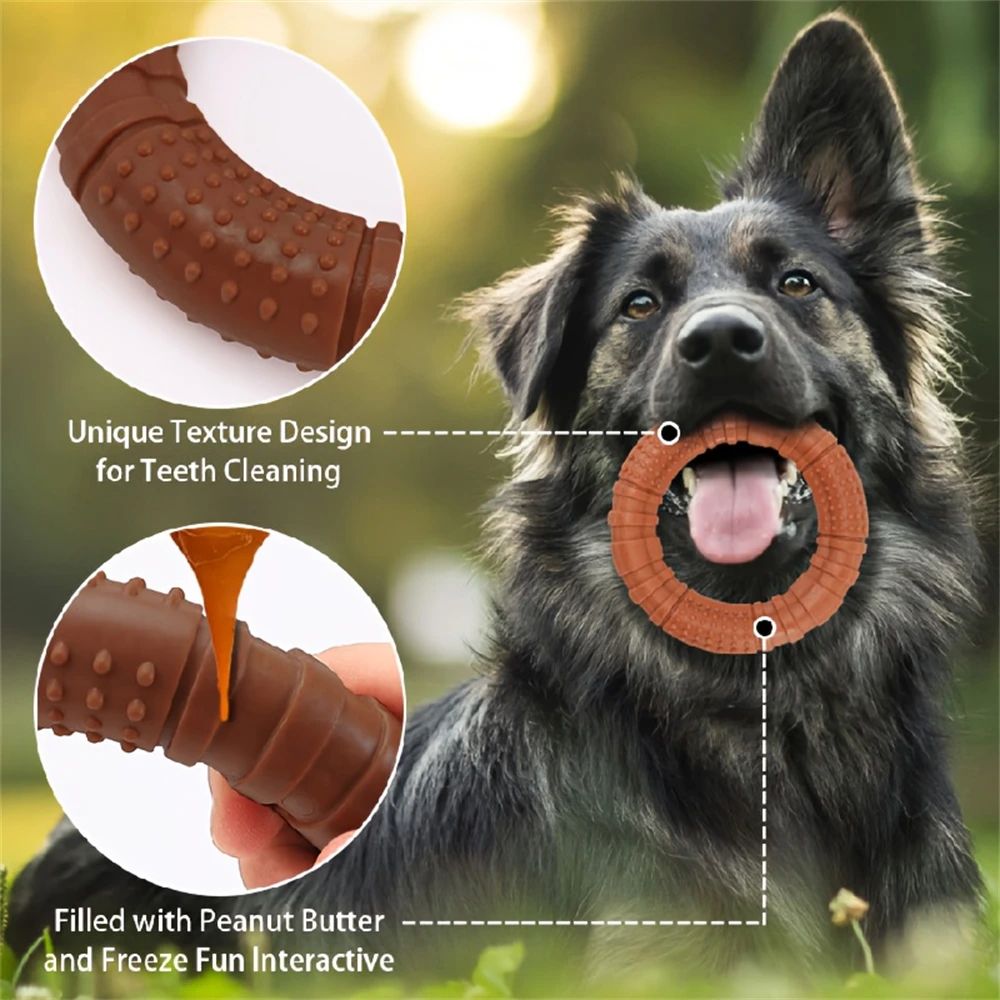 قطعة واحدة حصريًا للكلاب المتوسطة والكبيرة! لعبة مقاومة للمضغ على شكل حلقة، يمكن شغلها بزبدة الفول السوداني، وينظف الأسنان ويخفف الملل