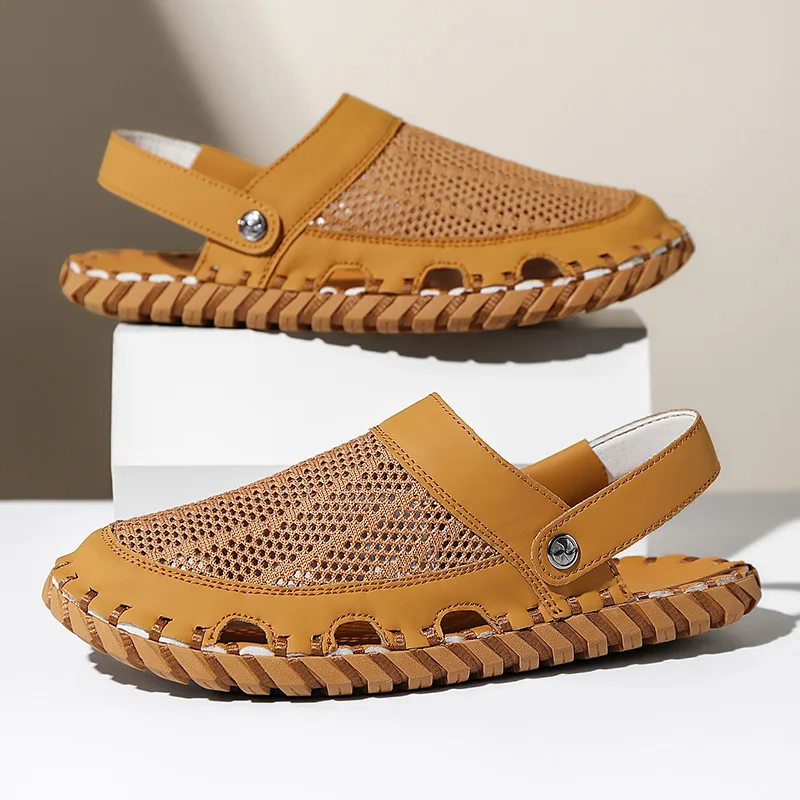 Sandalias de cuero transpirables para hombre, zapatos casuales de verano para senderismo al aire libre, playa, diseñador de moda, deportes de lujo, zapatillas de pescador