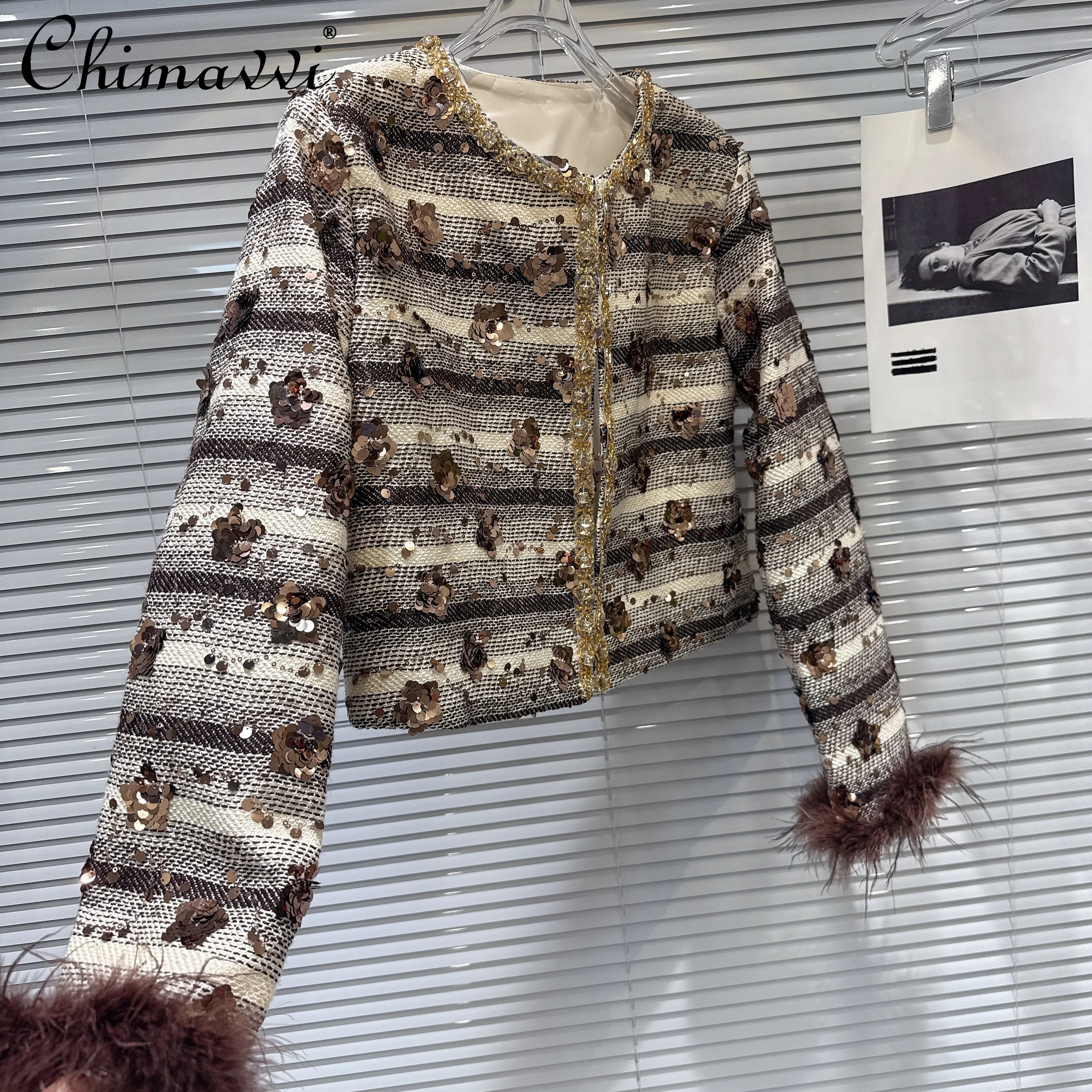 

Французские элегантные светские короткие куртки с бисером и блестками и перьями в стиле пэчворк с длинными рукавами, однобортные шерстяные короткие куртки, пальто для женщин, осень