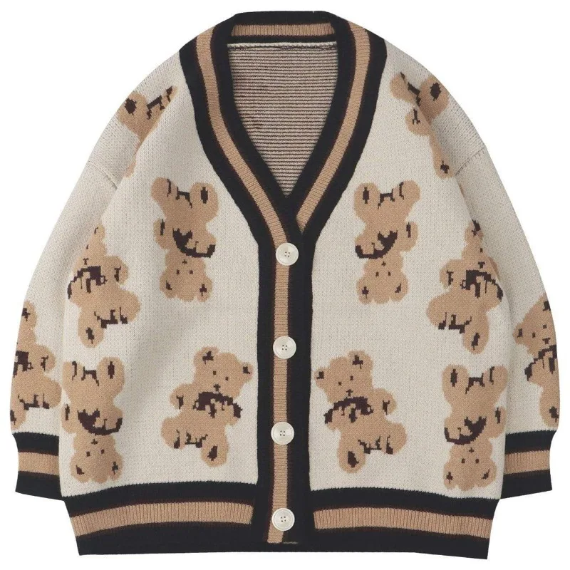 

Harajuku Cartoon Bear Print Knitted Cardigan Sweater Streetwear Japanese Style Pattern Button Knit Cardigan Jacket Coats Spring